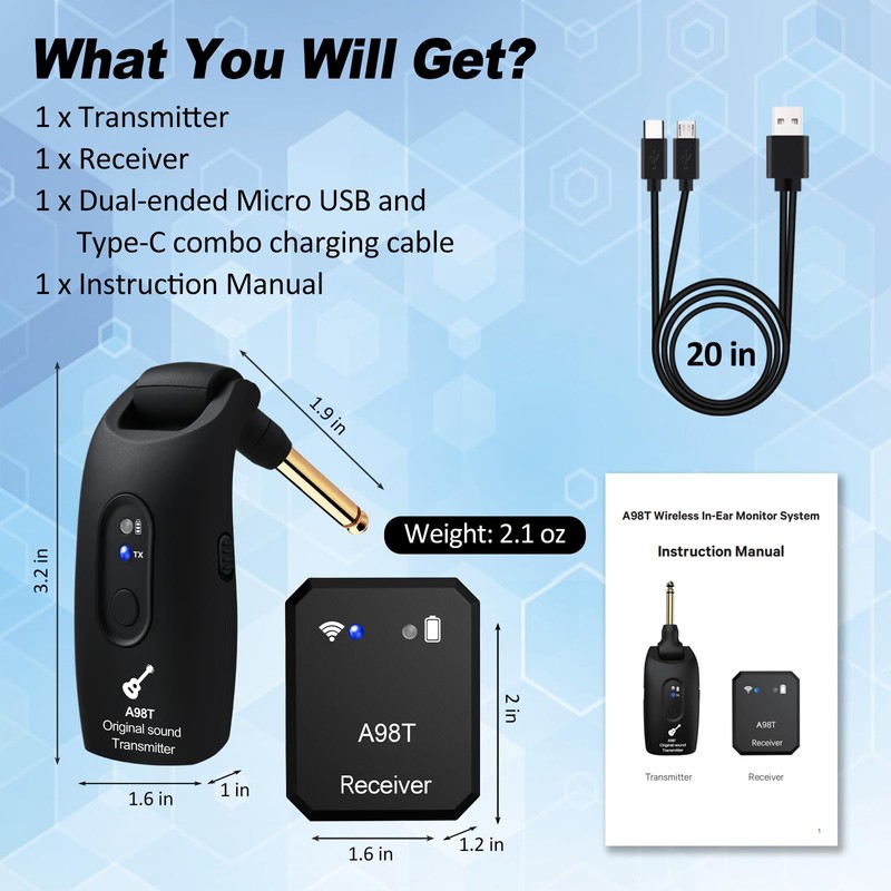 WENTELMUSIC A98T 2.4GHz Wireless in-Ear Monitor System – Low Latency,