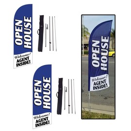 FFN 2-Pack of Blue 8ft Open House Feather Banner Flag Kits, Includes Flag Poles, Ground Stakes, and Travel Bags, Outdoor Yard Lawn Signs for Real Estate Agents
