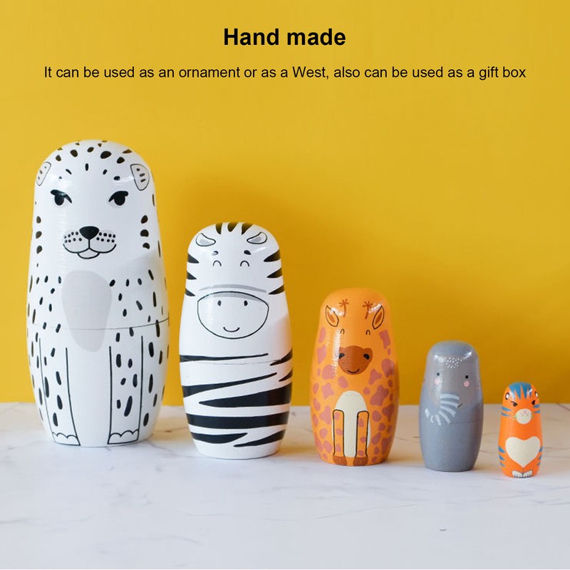 5Pcs Russian Nesting Dolls Hand Made Exquisite Wooden Animal Nesting