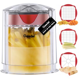 Geedel Chip Cutter, Potato Chipper with 3 Stainless Steel Blades, Fast Cutting, Apple Corer Slicer for Fruits, Potato Cutter for Carrot, Onion, Cucumber, Multi-Functional French Fry Cutter, Red