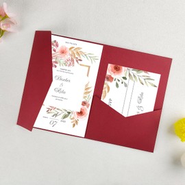 20 PCS Burgundy Tri-fold Laser Cut Wedding Invitation Pockets for 5x7 Wedding Cards Bridal Shower Engagement Quinceanera Invitation (Burgundy)