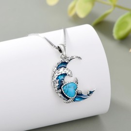 SLIACETE Blue Wave Necklace Sterling Silver Wave With Sea Turtle Heart Turquoise Necklace for Women Men Ocean Jewelry Sea Turtle Gift