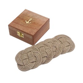 RII Jute Rope Coaster Set, Nautical Gift, Beach Décor, Surface-Protecting, Vintage Woven Coasters for Table Care, Absorbs Moisture Well, Set of 4 (Twisted Rope Natural/Wood Case)