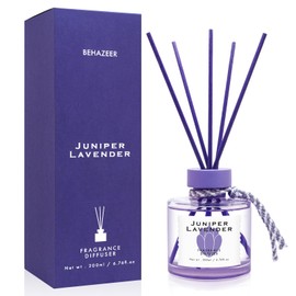BEHAZEER Juniper Lavender Reed Diffuser, 6.77OZ/200ML Large Capacity Natural Non-Toxic Oil, Long-Lasting Fragrance Reed Diffusers Set for Home and Bathroom, Aroma with 5 Reed Diffuser Sticks