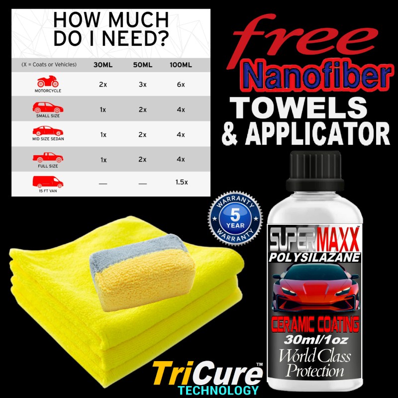 SUPERMAXX CERAMIC CAR COATING 1oz/30ml POLYSILAZANE "SCRATCH RESISTANT" TRICURE TECHNOLOGY