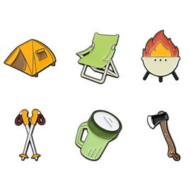 6 PCS Camping Brooch Pins Adventure Outdoors Picnic Enamel Pins Set Mountain Backpack Pins Mini Badge Funny Tent Campfire Axe Flashlight Brooch for Clothing Bag Accessories Decoration Party Gift,