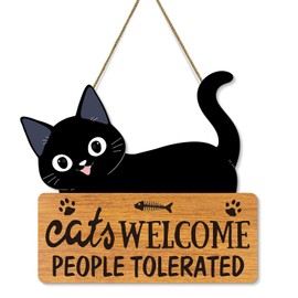 Cat Signs Black Cat Welcome Sign 11x9.8 Inches Funny Wooden Hanging Plaque Decor Cats Welcome People Tolerated Kitty Kitten Footprint