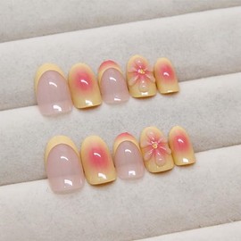 ONPRESS 24 Uñas Postizas De Verano, Cortas, Almendradas, Con Diseño De Flores 3D Y Diamantes De Imitación. Uñas Adhesivas Amarillas Y Rosas Con Punta 