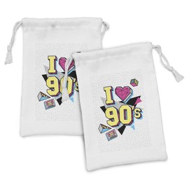 Lunarable Retro Fabric Pouch Set of 2, I Love Nineties Memphis Style Nostalgic Arrangement with Greyscale Lines Background, Small Drawstring Bag for Toiletries Masks and Favors, 9" x 6", Multicolor