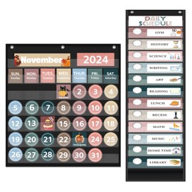 Monthly Calendar Pocket Chart for Classroom, Daily Schedule Pocket Chart with 12 Pcs Double-Sided Reusable Cards, Printed Day of the Week, Learning for Home or Preschool(Black Calendar+Daily Schedule)