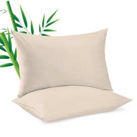 2 Pack Cooling Pillowcasess for Hot Sleepers & Night Sweats, 400 TC Bamboo Viscose Pillow Protectors, Zippered Pillow Cases Standard Size, Breathable Silky Soft Pillow Covers, Beige, 20x26