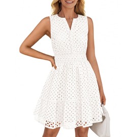ZESICA Women's Summer Sleeveless Mini Dress V Neck Hollow Out Eyelet High Waist A Line Swing Short Party Dresses,White,Large