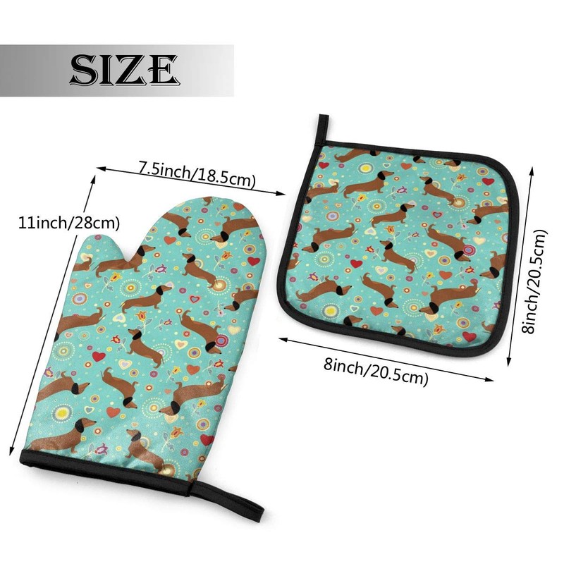 Oven Mitt and Pot Holders, 2 Piece Set, Dachshunds On