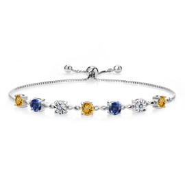 Gem Stone King 925 Sterling Silver Round Yellow Citrine Blue Created Sapphire and White Lab Grown Diamond Tennis Bracelet For Women (3.39 Cttw, Fully Adjustable Up to 9 Inch)