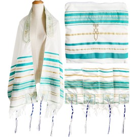 Holy Land Market Unisex Messianic Tallit Prayer Shawl - The Messiah Original Classic Messianic Tallit With Bag, Card and Brochure (72 x 22 in) (Green)