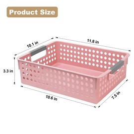 4 Pack Plastic Storage Basket with Handles, Wide Shallow Organizer Bin for Open-Top Desk and Drawer Organizer, Perfect for Snacks, Stationery (Pink)