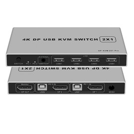 2 Port Displayport KVM Switch 4K@60Hz, BolAAzuL Dual-Port Displayport DP 1.2 KVM Switcher 2X1 4KX2K@60Hz 2K(2560X1440)@144Hz Supports USB DP 2 in 1 Out
