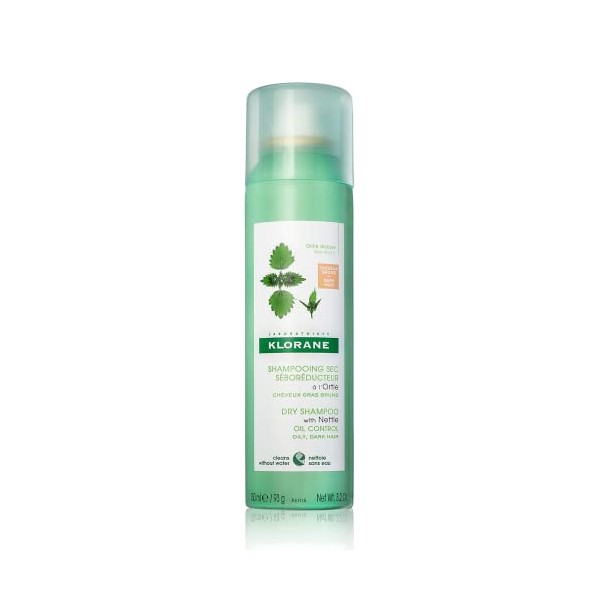 Klorane Dry Shampoo With Nettle and Natural Tint, Nettle for Brunette, Oily Hair and Scalp, Regulates Oil Production, Paraben & Sulfate-Free, 3.2 oz.