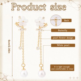 Gold Pearl Flower Dangle Earrings for Women, Long Chain Flower Wedding Jewelry with CZ for Brides & Bridesmaids