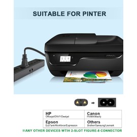 Printer Power Cord for HP Officejet Pro 4500 6600 4650 4630 5255 6962 8600 8710 7740/Envy 5055 5530/Deskjet 2652 3755/Photosmart 7520 6520/All-in-One/Canon Pixma/Epson,2 Prong Replacement Cable(6Ft)