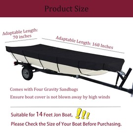 420D Upgraded Jon Boat Cover 12-14ft Heavy Duty Trailerable Jon Boat Cover Waterproof UV Resistant Marine Grade Reinforced Adjustable Side Straps Black