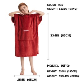 Hiturbo Kids Changing Robe Towel Poncho Bath Robe with Hooded for Beach,Swimming,Surfing Red