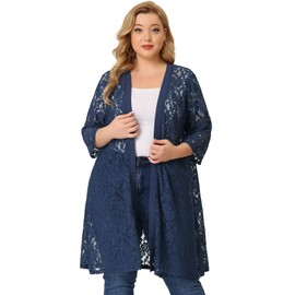 Agnes Orinda Plus Size Cardigans for Women Casual Lace Crochet 3/4 Sleeve Sheer Cover Up Jacket 4X Navy