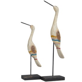 Deco 79 Polystone Bird Handmade Decorative Sculpture Distressed Carved Home Decor Statues with Colorful Patterns and Black Stand, Set of 2 Accent Figurines 17", 12"H, Cream