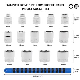 MIXPOWER 3/8" Drive Low Profile Stubby Impact Socket Set with Storage Rails, 14-Piece, 6 Point, 6-19mm, CR-V, Metric, Nano Impact Socket Set