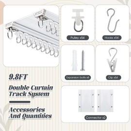 Juexica Ceiling Curtain Double Track Set 3ft-10ft/3 Meter White Double Curtain Track Ceiling Mount Heavy Duty Room Divider Adjustable Length Rails with Clips Hooks End Hook
