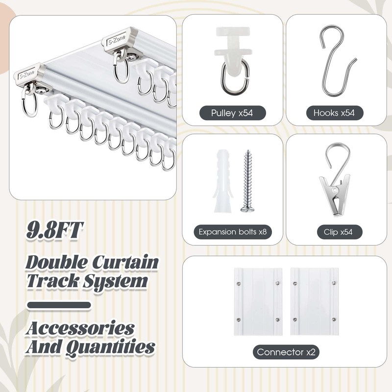 Juexica Ceiling Curtain Double Track Set 3ft-10ft/3 Meter White Double