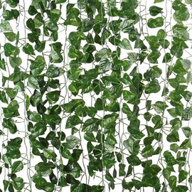ZWYOQI 84 feet Artificial Vines Greenery Garland Fake Hanging Leaves Faux Foliage Plants for Wedding Party Garden Home Kitchen Office Wall Decorations (Scindapsus/12 Strands)