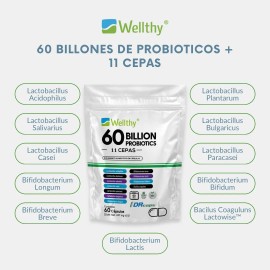 🌿 Wellthy Probióticos 60 Billones | 11 Cepas Premium para Digestión, Inmunidad & Bienestar 🌸 – 45 Caps