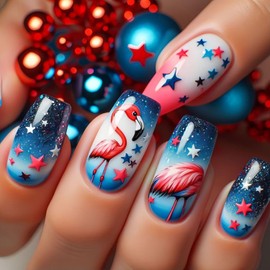 CJDLTS 24Pcs Independence Day Press on Nails Medium Length Ballet Shaped Stars Patriotic False Nail Animal Pattern Design July 4th Press Ons Artificial Fingernails Gradient Stick on Nails for Women