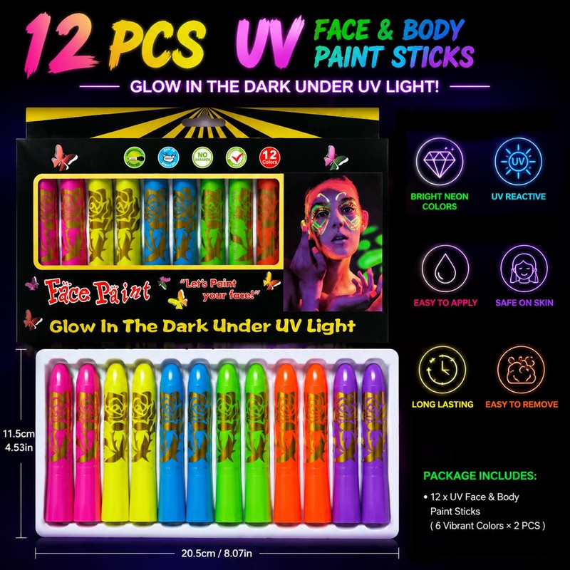 12 Pack UV Neon Face & Body Paint Sticks, Vibrant