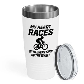 Track Bicycle Racing White Edition Viking Tumbler 20oz - My Heart Races - Bike Lover Mountain Biker Road Racer Sport Trails Bicycle Wheelie Rider Track Gymnast
