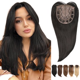UAmy hair Long Layered Black Hair Toppers for Women 18inches Clip in 6.5 * 6.5inch Big Base Net Synthetic Wiglets Hair Pieces with Curtain Bangs for Ladies with Thinning Hair