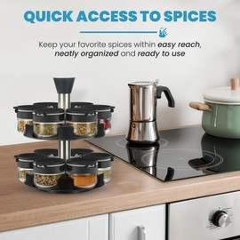 Farazza Black Rotating Spice Rack With Jars, Spinning Spice Rack For Countertop - Revolving Tower Organizer for Kitchen Seasonings - Kitchen Carousel Storage, Stainless Steel, 12 Jars