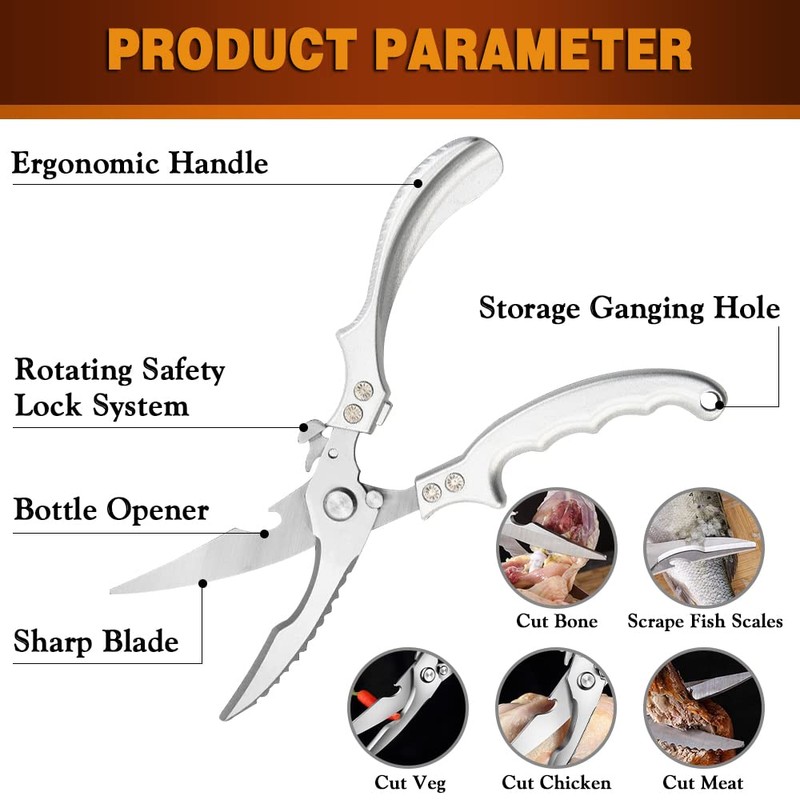 DJLLA Poultry Scissors Kitchen Scissors Silver Stainless Steel Multi-Purpose Scissors