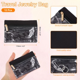 sourcing map 12Pcs Travel Jewelry Bag Bulk, Portable Jewelry Pouch with Zipper Clear Velvet Jewelry Storage Bag for Jewelry Organizers Storage Women Gift, Black