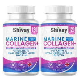 Marine Collagen Complex with Vitamin C, Hyaluronic Acid, Biotin | 1000mg Hydrolysed Type I Collagen Supplement | 240 Capsules - 4 Month Supply | Made in UK by Shivay Herbals