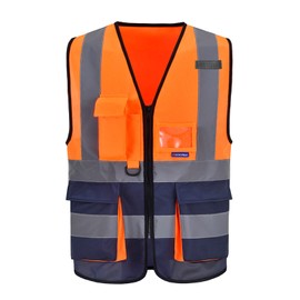 AYKRM 21 Colours Safety Vest Reflective Safety Vest with Reflective Strips with Zip and Pockets Work Vest, Orange and navy