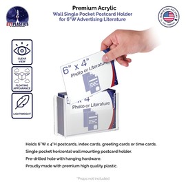Marketing Holders Post Card Holder Wall Mount Clear Acrylic 6" Single Pocket Showcase Booklet Informational Pamphlet Leaflet Printed Material Literature Display