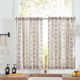 TOPICK Boho Kitchen Linen Tier Curtains 24 Inch Length Bohemian Cafe Striped Curtains for Bathroom RV 2 Panels Black on Beige