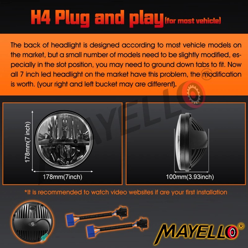mayello 7" Inch Round Led Headlight Hi/Lo Beam For Chevy