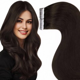 LaaVoo Real Hair Tape-in Extensions, Dark Brown, 55 cm, Remy Hair, Brown, Straight Hair Extensions, 50 g/20 Pieces