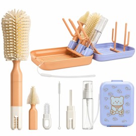 8-in-1 Baby Bottle Cleaning Kit with Drying Rack & Storage Case, Portable Silicone Bottle Brush Set for Bottles, Nipples & Straws, Travel Baby Essenti