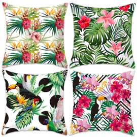 Betadistor Green Cushion Covers Set of 4, 45 x 45 cm Green Tropical Leaf & Birds Modern Art Decorative Throw Pillow Covers Pillowcases for Sofa Garden Patio Home Decor, Green, 505-0090