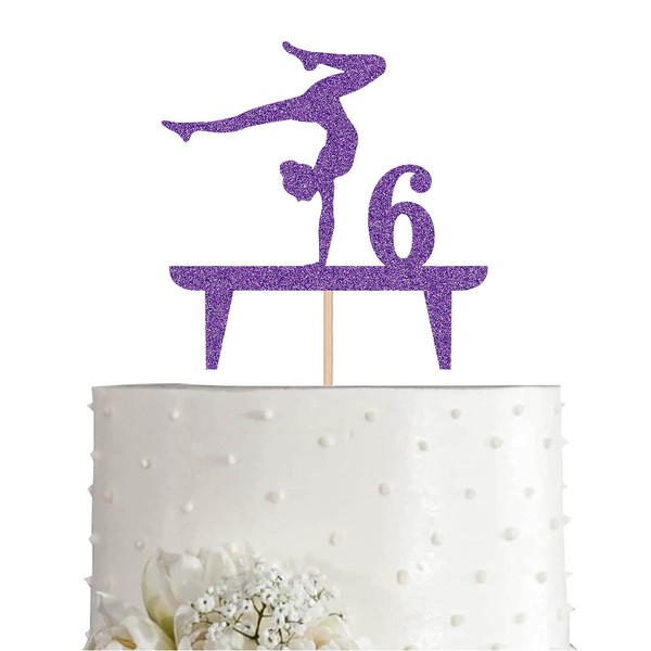 Purple Gymnastic 6 Cake Topper, Girl Rose Gold Glitter Gymnast 6th Birthday Party Decoration