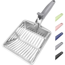 Metal Cat Litter Scoop, Large Cat Scooper with Deep Shovel & Dual Sifting Holes for Fast & Precise Sifting, Space Aluminum Kitty Litter Scooper with Long Handle & Easy-to-Hang Hook - Grey